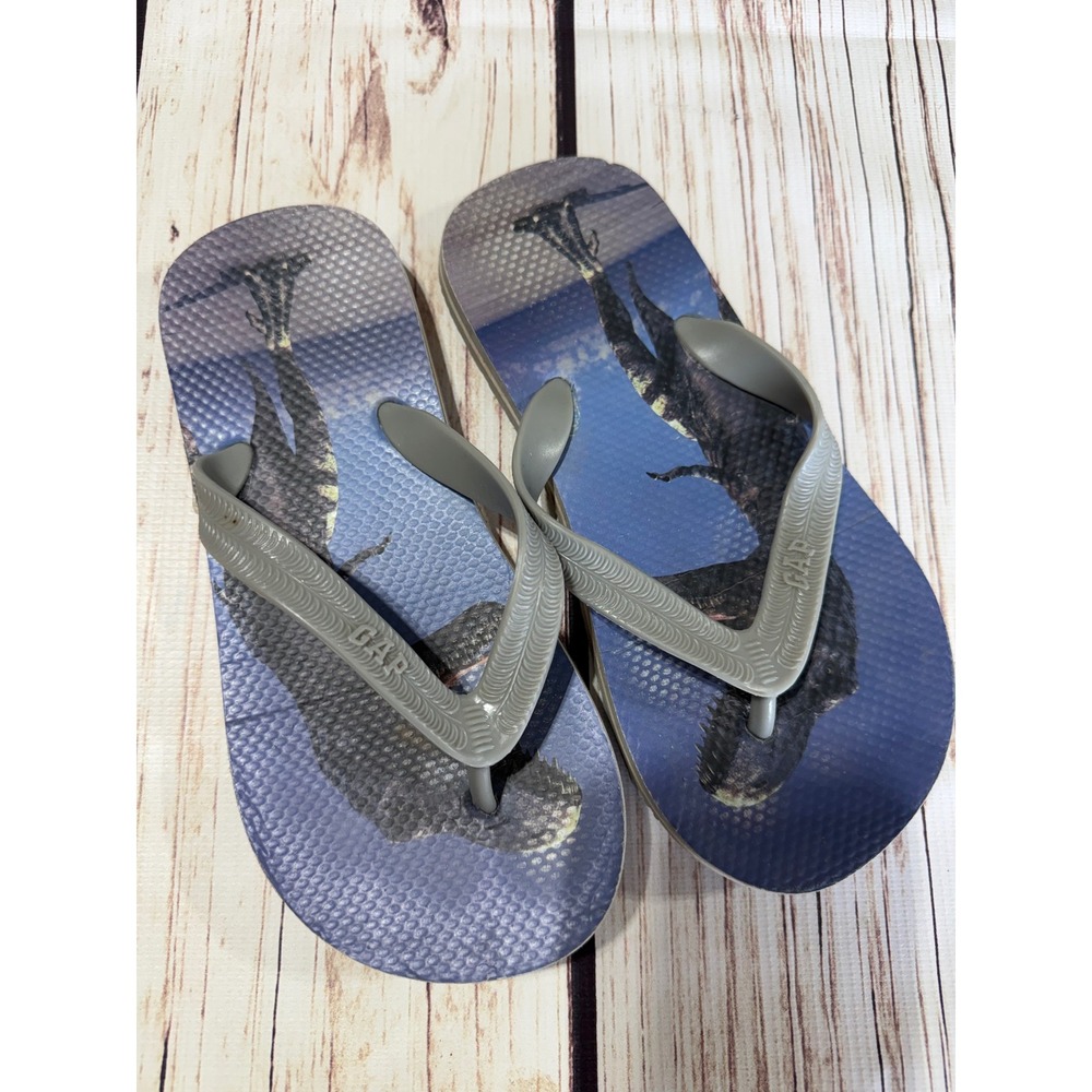 Gap Kids Dinosaur Graphic Flip Flops Grey Blue‎ Rubber Sandals Boys Size L